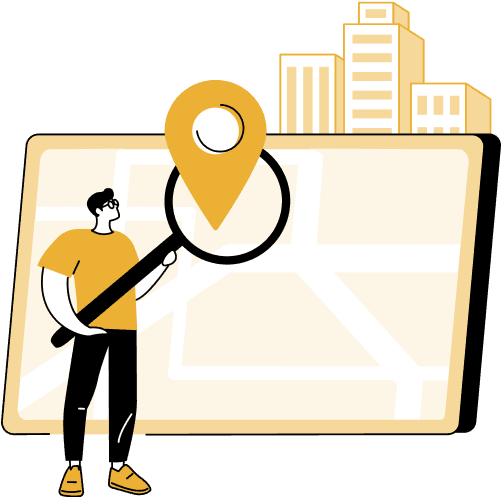 Man with magnifier and map with buildings at the top